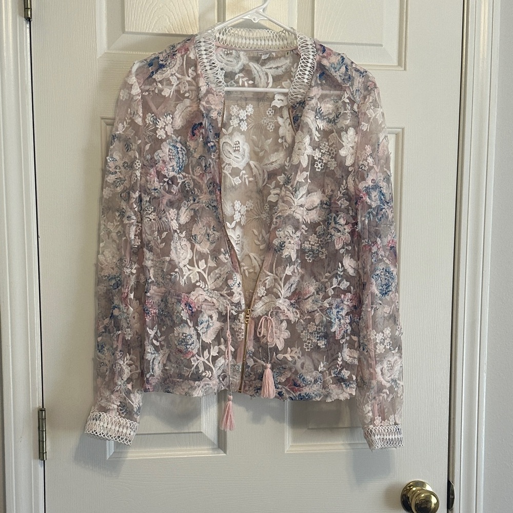 Tahari Sheer Floral Lace Zip-Front Jacket - Blush Multi Size M